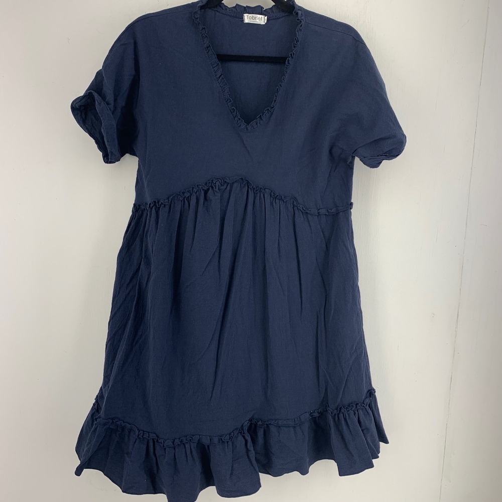 Tobrief Womens Small Ruffle V-Neck Babydoll Dress Coastal Beach Lagenlook Gauzy